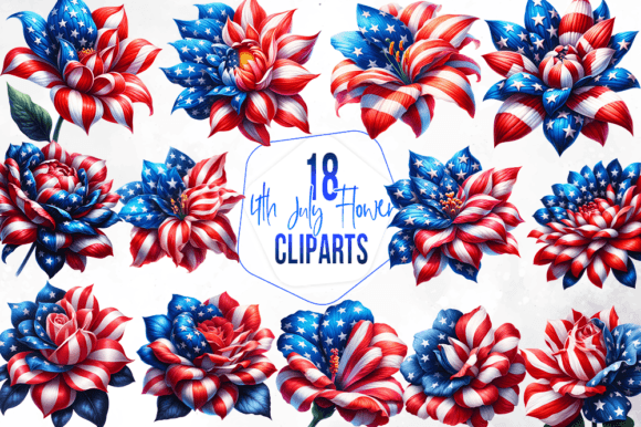 4th July Flowers Watercolor Clipart Illustrations