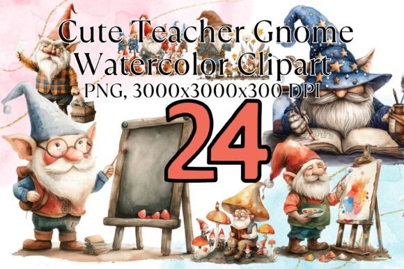 Cute Teacher Gnome Watercolor Clipart Illustrations