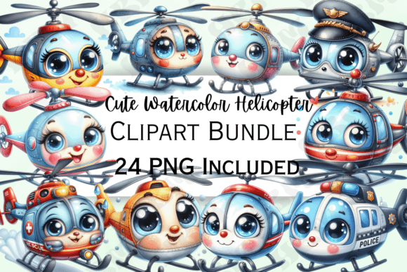 Cute Watercolor Helicopters Clipart Illustrations