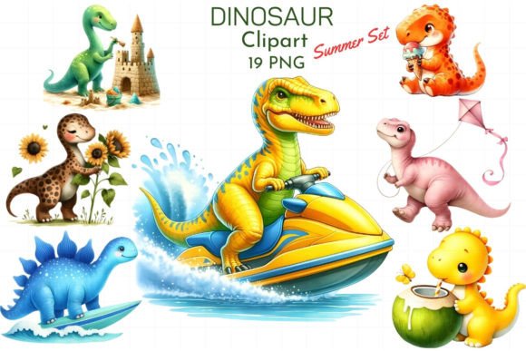 Dinosaur Summer Set Watercolor Clipart Illustrations