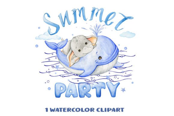 Elephant Whale Watercolor Clipart for Embroidery