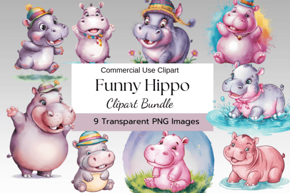 Funny Hippo Watercolor Clipart: Illustrations for Branding