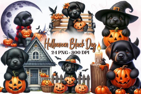 Halloween Black Dog Watercolor Clipart Illustrations