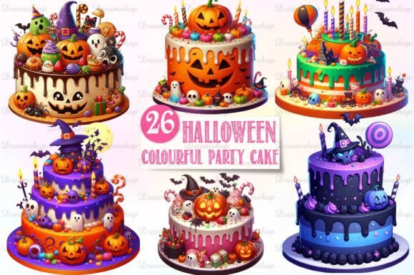 Halloween Party Cake Watercolor Clipart Illustrations