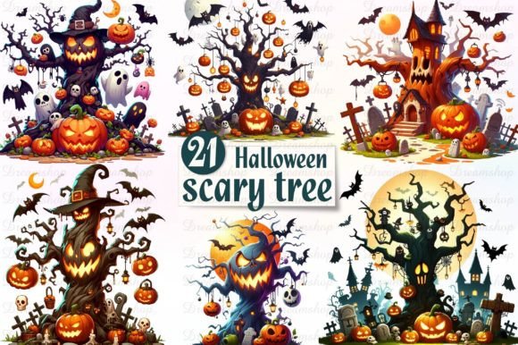 Halloween Scary Tree Watercolor Clipart Illustrations