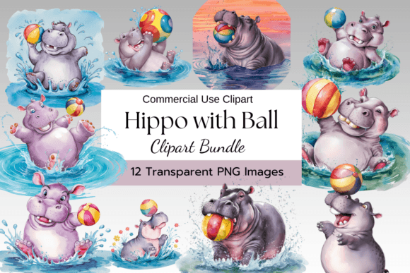 Hippo Playing Ball Watercolor Clipart Illustrations
