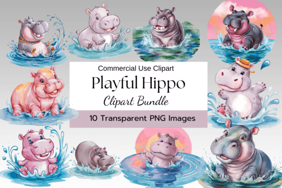 Playful Hippo Watercolor Clipart: Illustrations for Branding