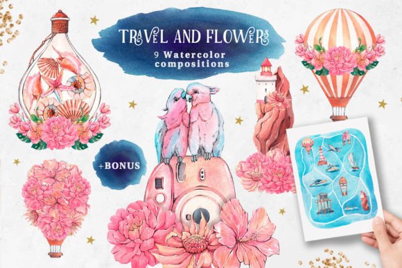 Travel and Flowers Watercolor Clipart Illustrations