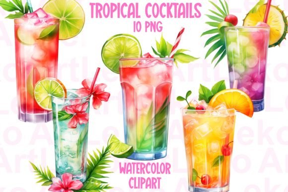 Tropical Cocktails Watercolor Clipart for Illustrations