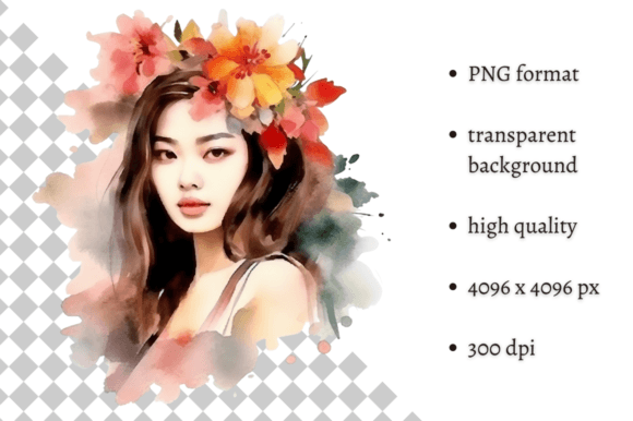 Watercolor Asian Floral Girl Illustrations for Editorial