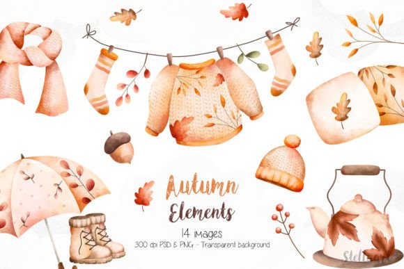 Watercolor Autumn Elements Clipart: Illustrations for Branding