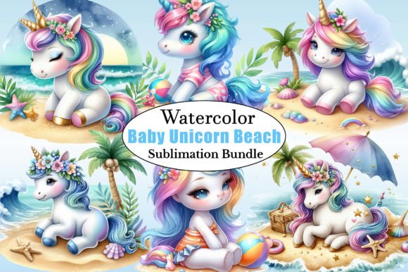 Watercolor Baby Unicorn Beach Clipart Illustrations