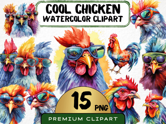 Watercolor Cool Chicken Clipart: Illustrations for Crafters
