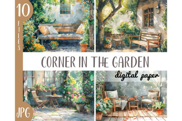 Watercolor Cozy Corner in the Garden JPG Illustrations