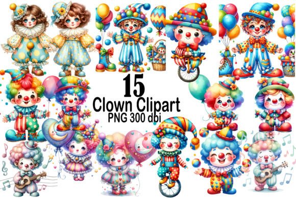 Watercolor Cute Clown Clipart in Illustrations