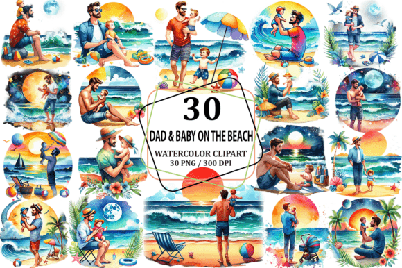 Watercolor Dad Baby on the Beach Illustrations