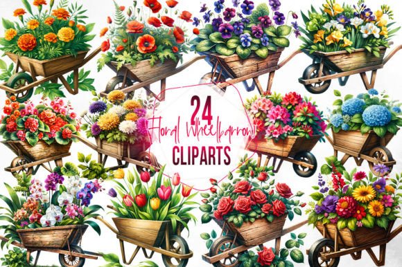 Watercolor Floral Wheelbarrow Clipart Illustrations