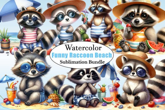 Watercolor Funny Raccoon Beach Clipart Illustrations