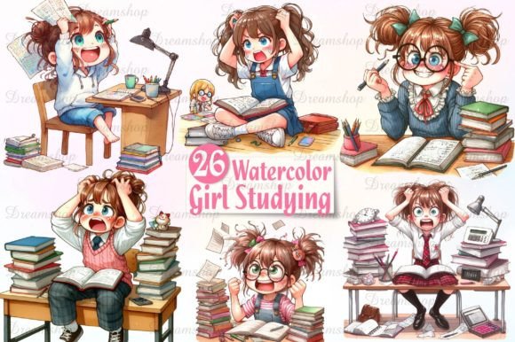 Watercolor Girl Studying Clipart: Illustrations for Crafters