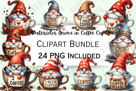Watercolor Gnomes in Coffee Cups Clipart: Editorial Illustrations