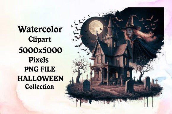 Watercolor Halloween Haunted House Clipart Illustrations