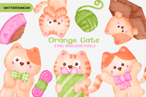 Watercolor Orange Cat Clipart: Editorial Illustrations
