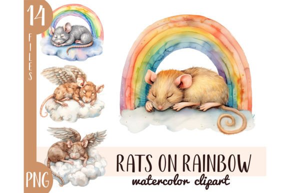 Watercolor Rats on the Rainbow Clipart Illustrations