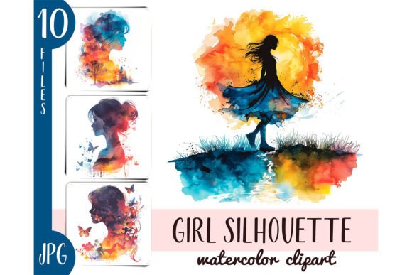 Watercolor Silhouette of a Girl Clipart Illustrations