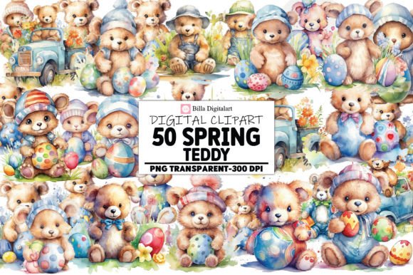 Watercolor Spring Teddy Bear Clipart Bun Illustrations