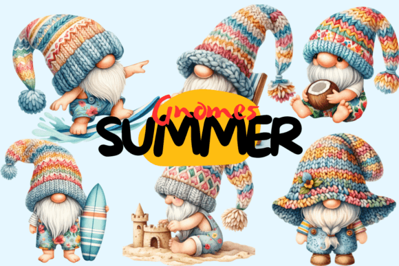 Watercolor Summer Beach Gnome Clipart Illustrations