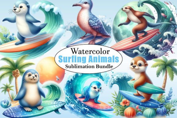 Watercolor Surfing Animals PNG Clipart Review