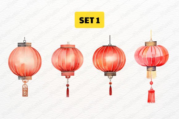 Watercolor Vintage Chinese Paper Lantern Illustrations
