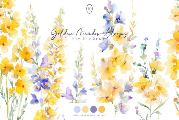 Watercolor Yellow Meadow Flowers Set: Editorial Illustrations
