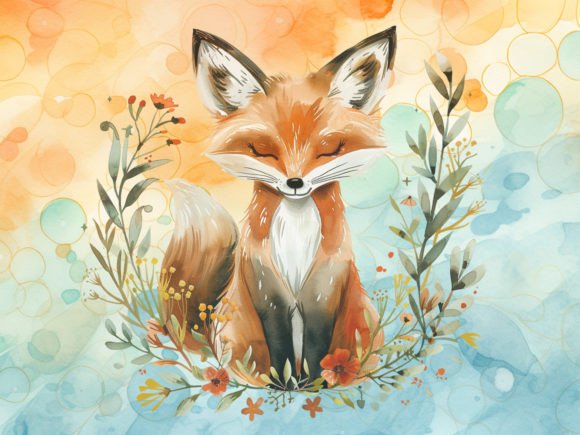 Watercolour Floral Fox PNG Graphic for Illustrations