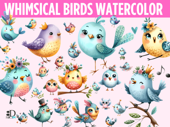 Whimsical Birds in Watercolor Illustrations for Crafters